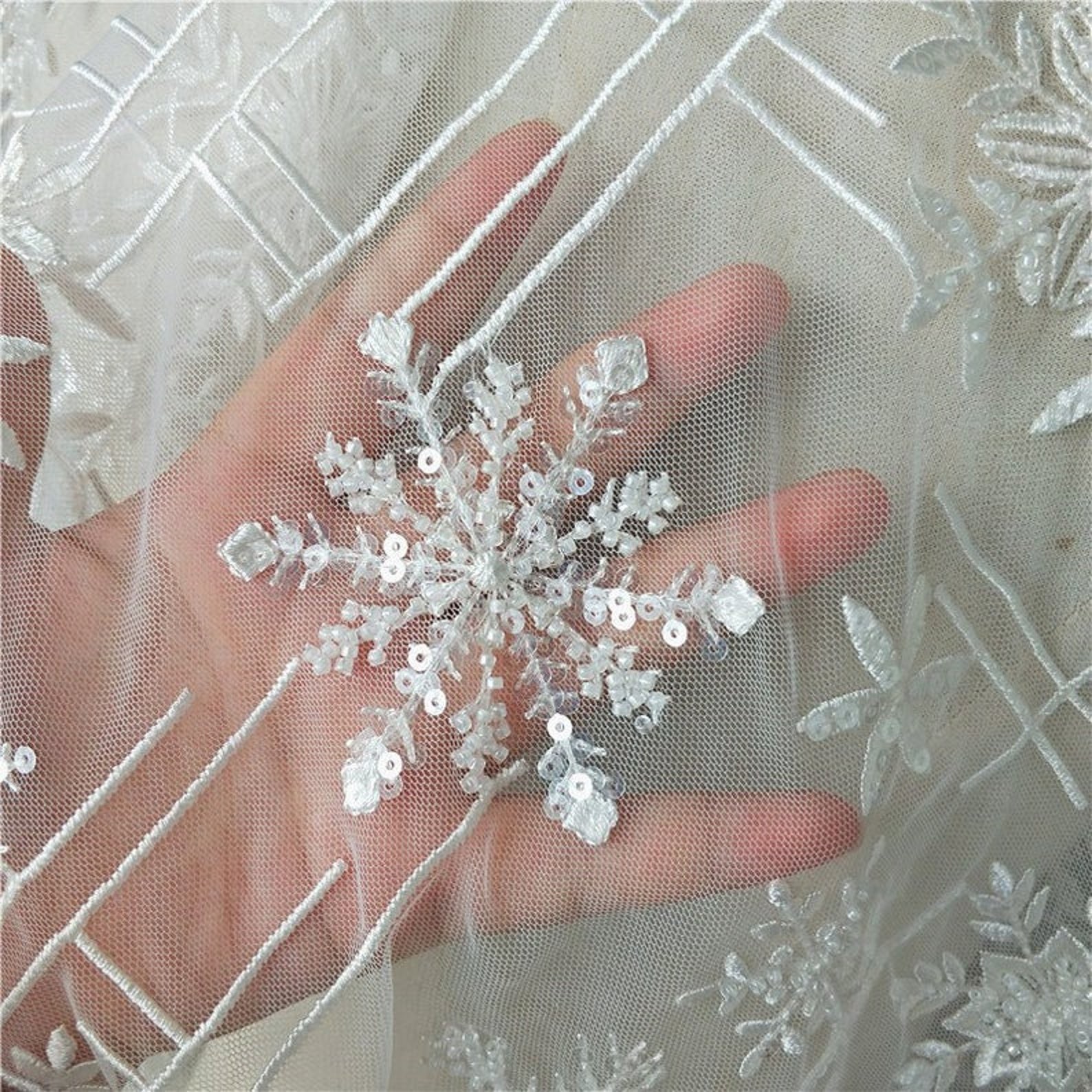 Snowflake Sequins Embroidery Lace Fabric Flower Mesh Tulle Etsy