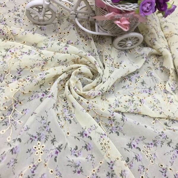 Purple Flower Printed Chiffon Fabric Floral Gold Eyelet Embroidery Soft Chiffon Fabric For Girl Dress summer Dress Wedding Dress ,51" Width