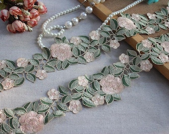 1 yard green leaf pink flower Embroidery Alice Lace Trim,floarl alencon lace Trim for necklace, Wedding Gown, hats,2.75" width