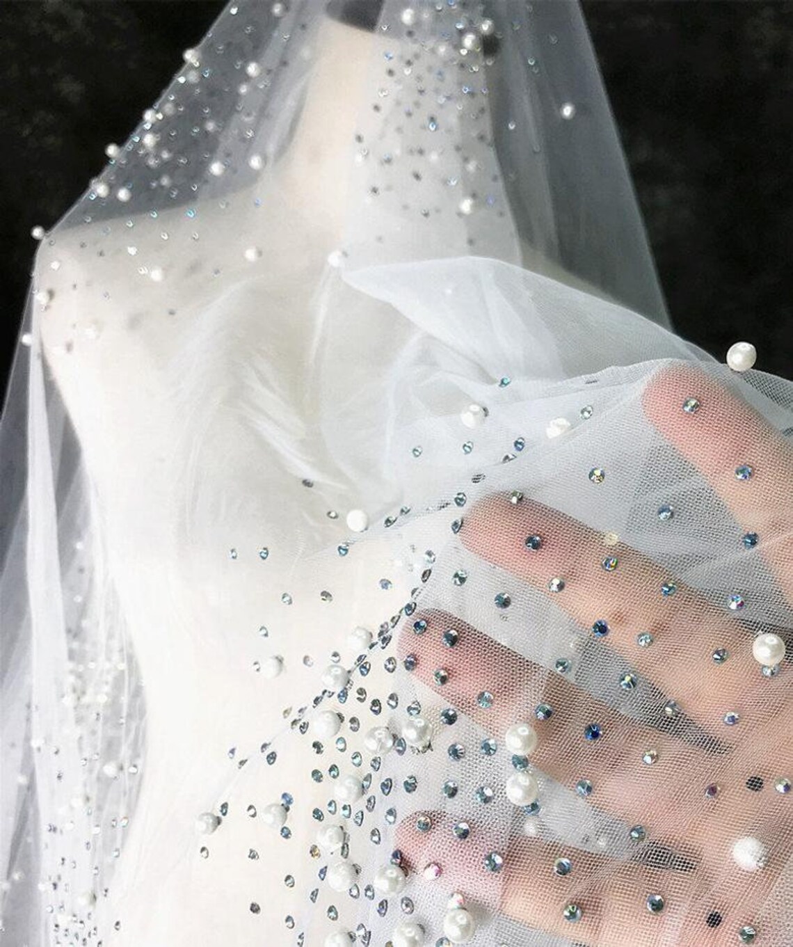 Pearl Beaded Lace Fabric Ivory Pearl Rhinestone tulle Fabric Etsy