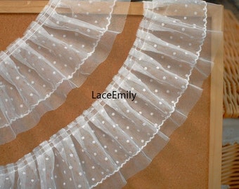 5 Meter Elfenbein Tupfen Stickerei weich plissierte Spitzenborte, geraffte Schweizer Punkte Tüll Spitzenborte für Hochzeitskleid, Hüte, 6,5 cm Breite