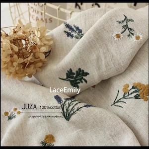 Lavender flower branch embroidered cotton and linen fabric, for Dress, tops, hats, tablecloths, bags, DIY handmade fabrics 1 meter