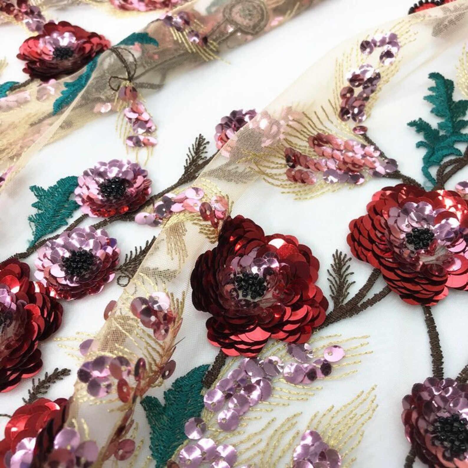 Luxurious Sequin Flowers Lace Fabric Sequins Rose Butterfly Tulle ...