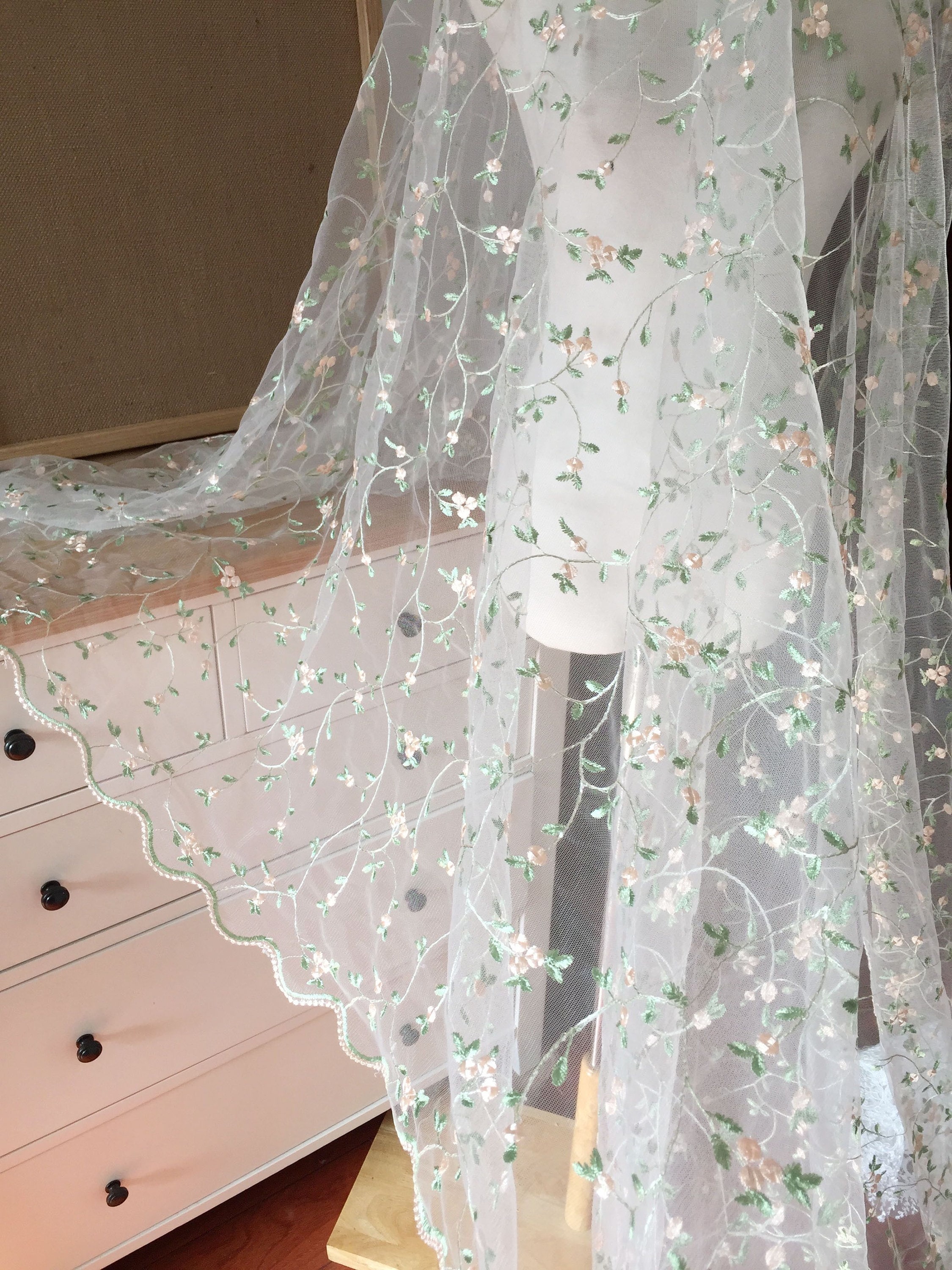 7 Colors Small flower Embroidery Lace Fabric Green Leaves Floral Tulle Fabric for wedding bridal lace dress veil lace 1 yard  51" width