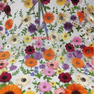 Multicolored 3d flower embroidery Lace Fabric colorful floral Tulle Fabric For Girl Dress Tutu Dress Wedding Dress Bridal Veil 1 yard