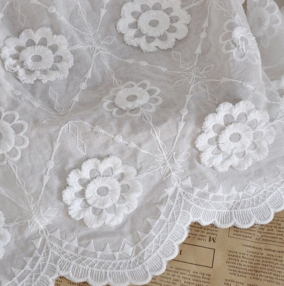 Bordado de flores Tela de algod n Off White Cotton Fabric para