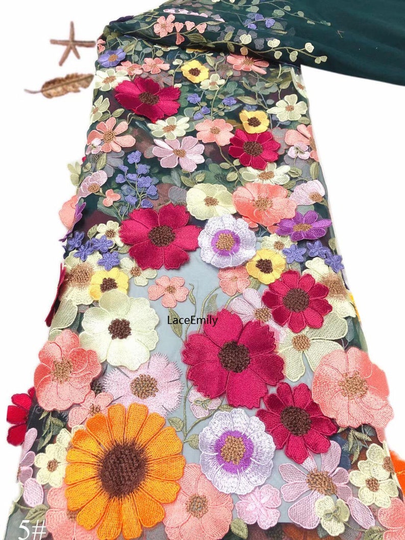 Bordado denso de alta calidad, tela de encaje de flores 3d, tul floral colorido para vestido de niña, vestido de tutú, vestido de novia, velo de novia, 1 yarda 5-Dark green tulle