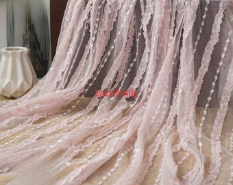Delicate striped ruffled Embroidery Chiffon Fabric, Soft stretchy mesh lace fabric,  for Girl Dress, Evening dress, handmade fabric 1 meter