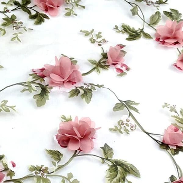 Tissu en mousseline de soie à fleurs roses Tissu en dentelle florale 3D, tissu en dentelle d'organza avec rosace 3D, robe de mariée Tissu par mètre