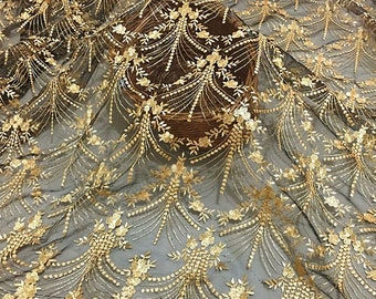 Gold Floral Embroidery Lace Fabric: Vintage Tulle Bridal Veil