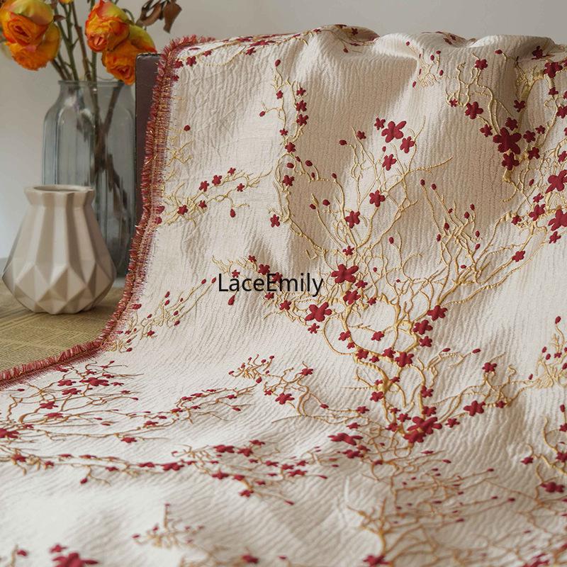 3D Red Flower Gold thread jacquard Fabric Blue Floral embossed Fabric for Wedding Dress, Ball gowns, tablecloths, designer fabric 1 yard