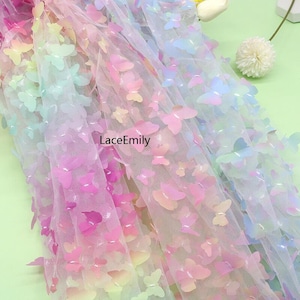 Exquisite Gradient butterfly Embroidered lace fabric Colorful Butterfly mesh tulle for Wedding Gown, Bridal Dress, Summer Dress, Baby Dress