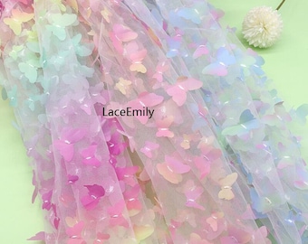 Exquisite Gradient butterfly Embroidered lace fabric Colorful Butterfly mesh tulle for Wedding Gown, Bridal Dress, Summer Dress, Baby Dress