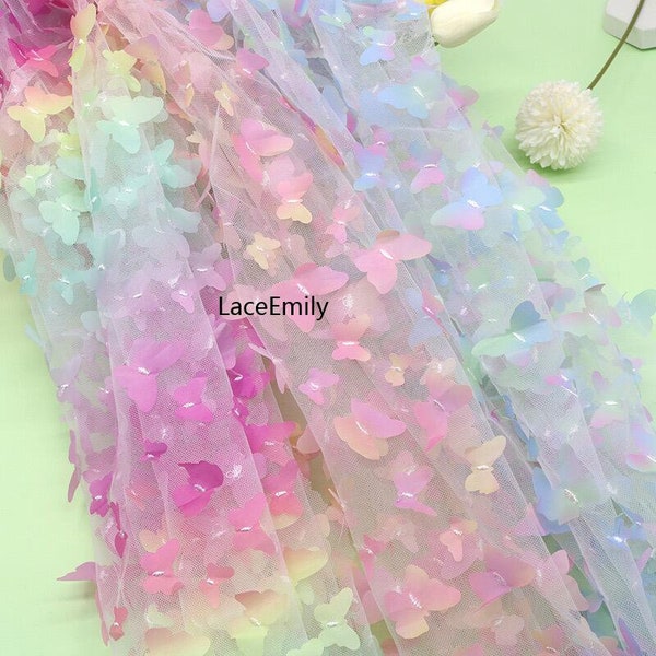 Exquisite Gradient butterfly Embroidered lace fabric Colorful Butterfly mesh tulle for Wedding Gown, Bridal Dress, Summer Dress, Baby Dress