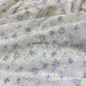 Romantic purple floral-print chiffon Diamond Check Embroidered Soft Chiffon fabric  for Wedding Dress, Haute Couture, Blouse, Skirts, 1 Yard