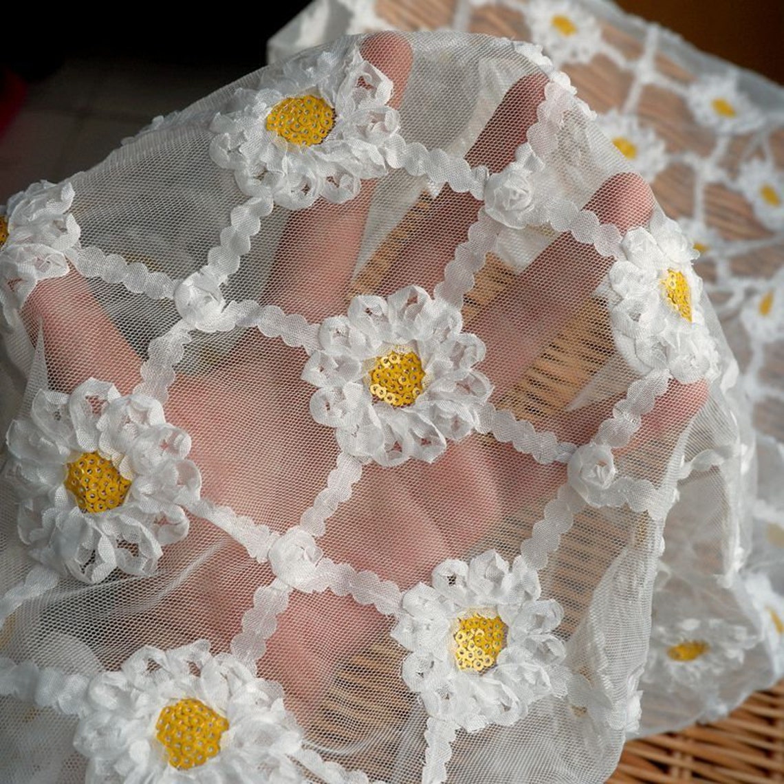 White Daisy Flower Lace Fabric Daisy Embroidered Tulle Fabric Etsy