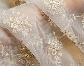 Embroidered Roses Organza Lace Fabric: Bridal Gown Tulle, 6 Colors, 51" Width