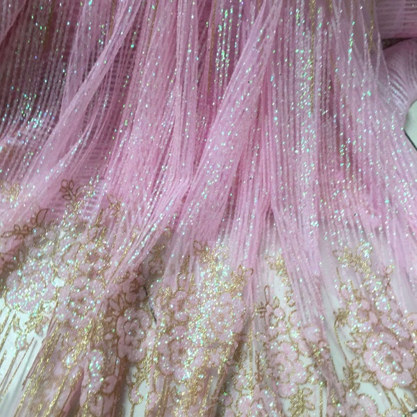 Heavy Pink Gold Glitter lace fabric silver Sequin flower tulle Fabric For prom dress, Wedding Background, Wedding dress, bridal dress