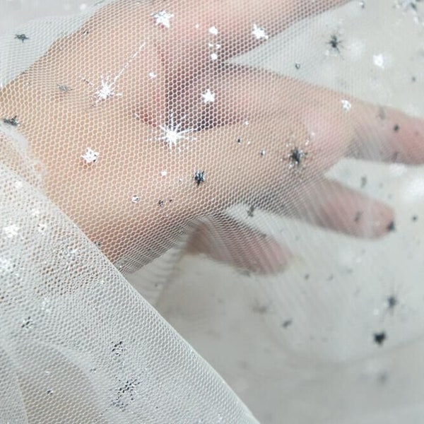 Silver Sequins Stars embroidery Lace Fabric Star Soft Tulle Fabric For Girl Dress Tutu Dress Wedding Dress Bridal Veil 1 yard