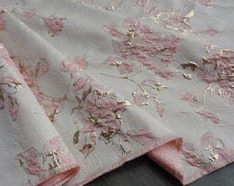 Pink Flower Jacquard Fabric: Vintage Gold Embossed Floral, 55" Wide