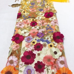 Bordado denso de alta calidad, tela de encaje de flores 3d, tul floral colorido para vestido de niña, vestido de tutú, vestido de novia, velo de novia, 1 yarda 9-Yellow tulle