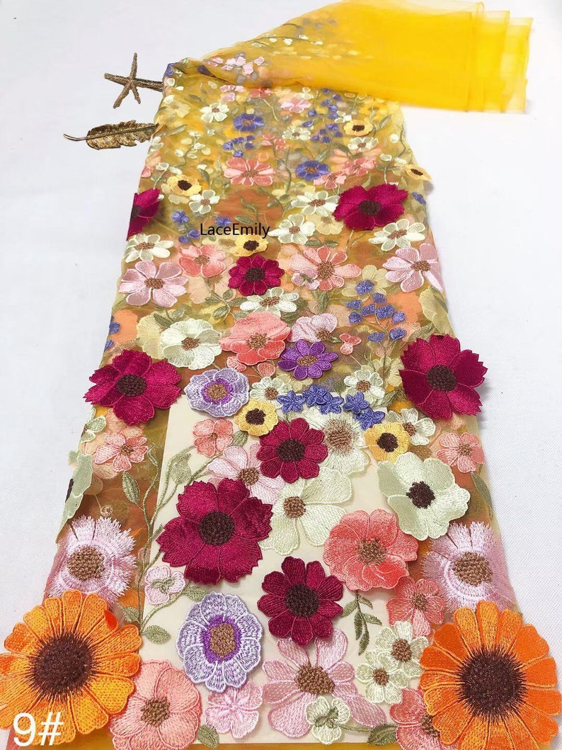 Bordado denso de alta calidad, tela de encaje de flores 3d, tul floral colorido para vestido de niña, vestido de tutú, vestido de novia, velo de novia, 1 yarda 9-Yellow tulle