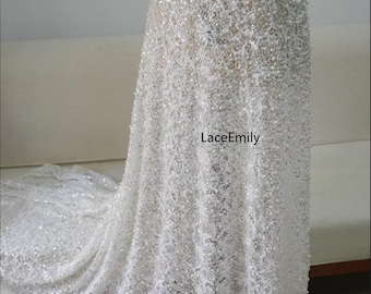 Heavy Embroidery Sequin Beaded Lace Fabric Flower Ivory French wedding lace For Girl Dress evening gown Dress Bridal  Dress Veil 1 yard