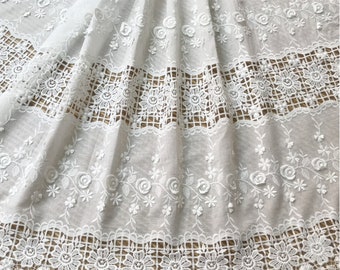 Flower Embroidery Cotton Fabric Off White Hollowed Cotton Fabric for Wedding Bridal Tops Dress Fabric 51&quot; Width 1 yard