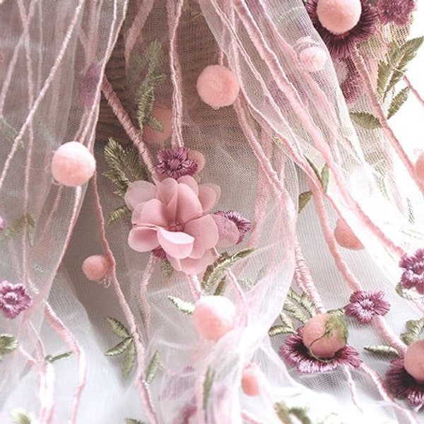 3D chiffon flower pompom embroidery Lace fabric soft pink green Pom Pom Trim Fabric mesh lace for wedding  bridal dress veil lace