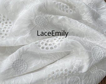 White Beige Purple flower Chiffon Fabric, Floral Hollow Embroidery Fabric for Girl Dress, Wedding dress, Summer Dress, Shirts 51" width