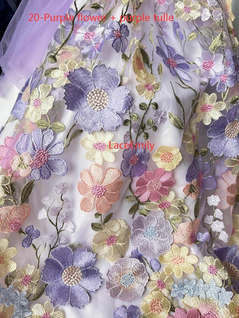 Bordado denso de alta calidad, tela de encaje de flores 3d, tul floral colorido para vestido de niña, vestido de tutú, vestido de novia, velo de novia, 1 yarda 20-Purple tulle
