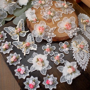 3pcs ivory Flower lace applique Pink Rose flower bead embroidery applique for Wedding applique Bridal Headwea veil applique