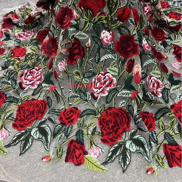 6 Colors Delicate red rose flower embroidery Lace Fabric floral leaf tulle Fabric For Girl Dress Tutu Dress Wedding Dress Bridal Veil 1 yard