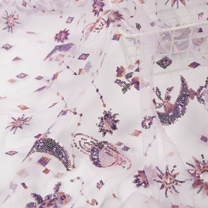 Purple Star Moon Sequins Embroidery Lace Fabric Star Moon tulle Fabric For Girl Dress Tutu Dress Wedding Dress Bridal Veil 1 Yard