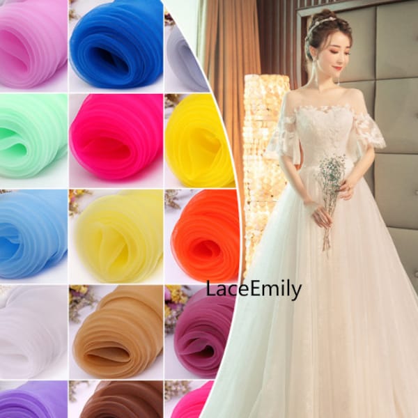 38 couleurs Silky Sheer Organza Tulle Tissu Organza exquis pour la décoration de mariage, robe de mariée, voile de mariée, performance