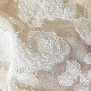 Puede incluir: Tela de encaje floral blanca con un delicado patr&oacute;n bordado. La tela es transparente y tiene una textura suave y fluida.
