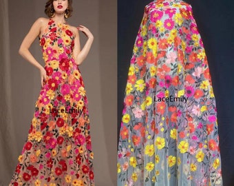 Tissu de dentelle brodé de fleurs 3D coloré de haute qualité tissu de tulle floral pour robe de fille robe de bal robe de mariée 5 mètres
