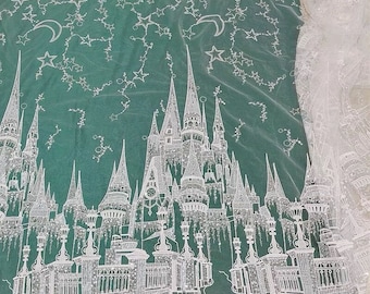 1 set di tessuto in pizzo ricamato con paillettes, castello, perline, stelle, luna e tulle per abito da sposa, da cerimonia e velo, larghezza 53 pollici.