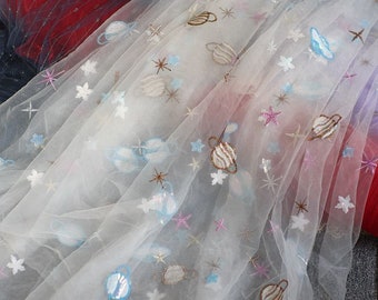 6 Colors Sequin star embroidery lace fabric Glitter star Planet soft tulle For Wedding Dress Bridal Veil Tutu dress Baby Dress 1 yard