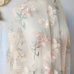 Beautiful Flower Lace fabric Apricot Floar Tulle Embroidery Fabric For Girl Dress Tutu Dress Wedding Dress Bridal Veil 1 Yard