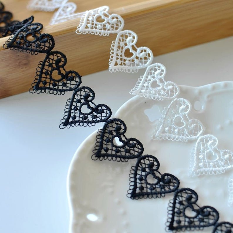 2 Yards White Black Heart Embroidery Alice Lace Trim, Heart Flower