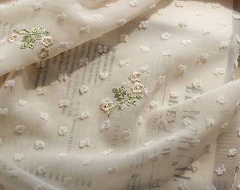 Small Flower Embroidery Chiffon Fabric, flower Polka Dot Fabric, Floral Chiffon Lace Fabric for Girl Dress, 1 Yard