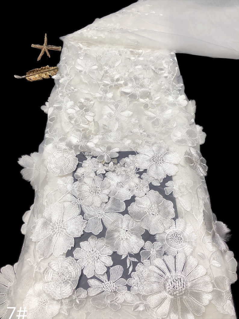 Bordado denso de alta calidad, tela de encaje de flores 3d, tul floral colorido para vestido de niña, vestido de tutú, vestido de novia, velo de novia, 1 yarda 7-White flower