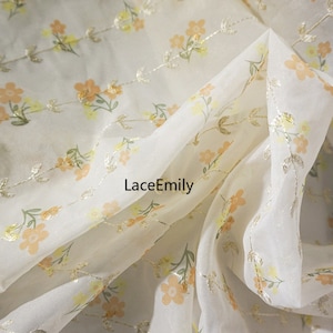 5 Colors Light purple flower printed organza fabric gold thread leaf embroidery organza fabric for Wedding Dress, Girl dress, Skirts, 1 Yard