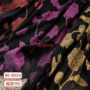 Delicate large flower embroidery black chiffon Fabric, flowers Jaquard chiffon Fabric for Girl Dress, Wedding dress, Summer Dress, Shirts