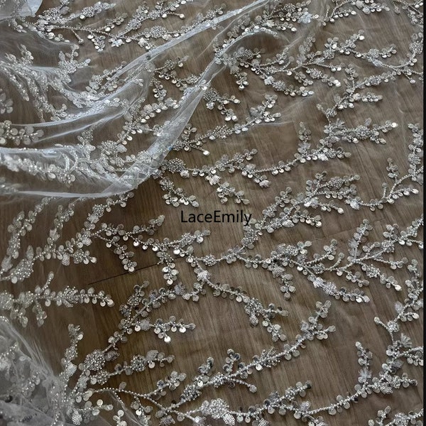 Delicate Sequined Flowers Embroidered Lace Fabric Floral Soft Tulle Fabric For Bridal Wedding Dress Veil Lace 51" width 1 yard