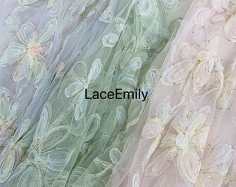 Fantasy gold thread embroidery flower Lace Fabric Light green Tulle Fabric For Bridal Dress Girl Dress Wedding Dress Party Dress 1 Yard