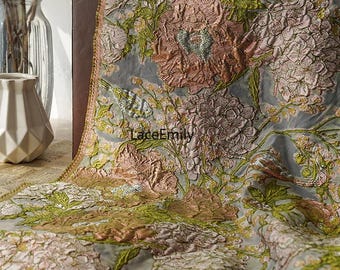 Flower sparrow jacquard Fabric Gold Floral embossed Damask Fabric for Wedding Upholstery , Ball gowns, tablecloths, designer fabric 1 yard