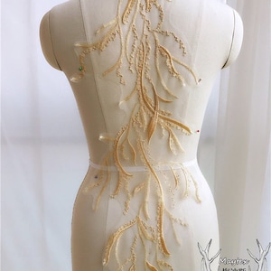 1 pc Gold Ivory flower Lace Applique gold branches leaves embroidery applique for Wedding applique Bridal Headwea veil applique