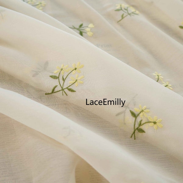 Beautiful yellow flower Embroidered chiffon fabric floral soft Chiffon Fabric for Girl Dress, Printing Dress, Summer Dress, Shirts 59" width